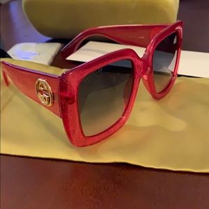 Large Gucci Red With Gold Sparkles Sunglasses.